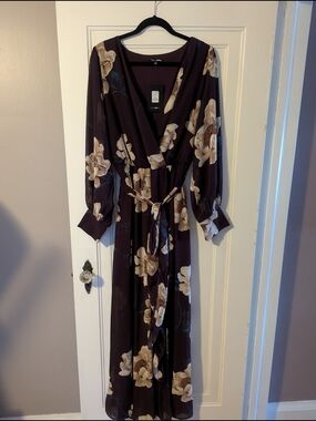 Fashion Nova Plum Floral Wrap Maxi Dress with Cream Blooms